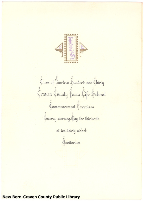Craven County Farm Life School Graduation Announcement, 1930