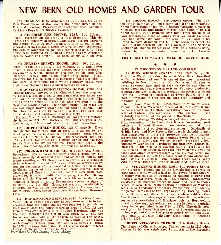 1974 New Bern Old Homes and Gardens Tour Bicentennial Program