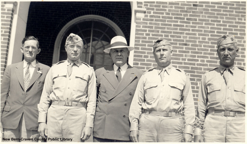 United States Representative Graham A. Barden with officers in front of the United States Post Office
