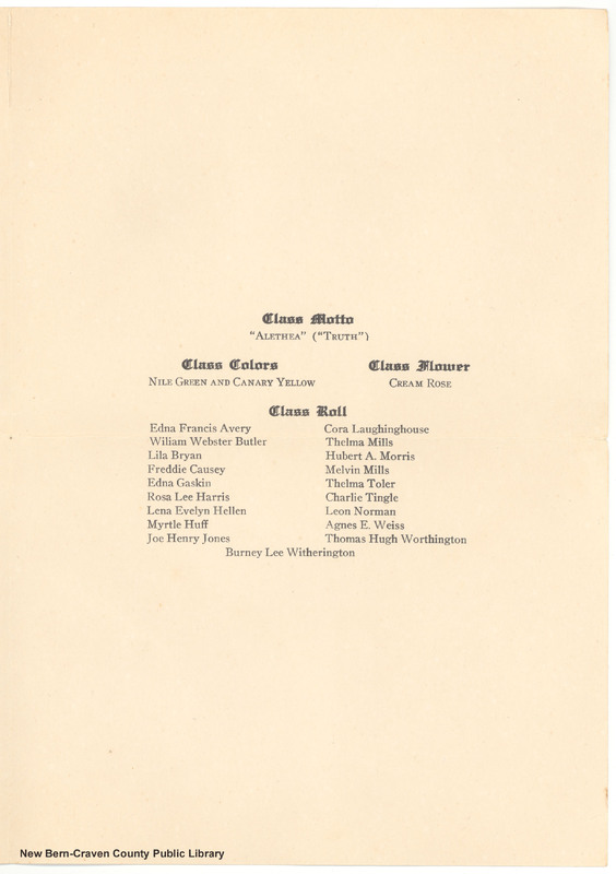 Craven County Farm Life School Graduation Announcement, 1928