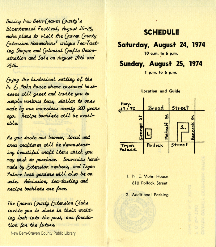 1974 Tea Tasting Program Welcome to the Craven County Extension Homemakers' Tea-Tasting Shoppe & Colonial Crafts