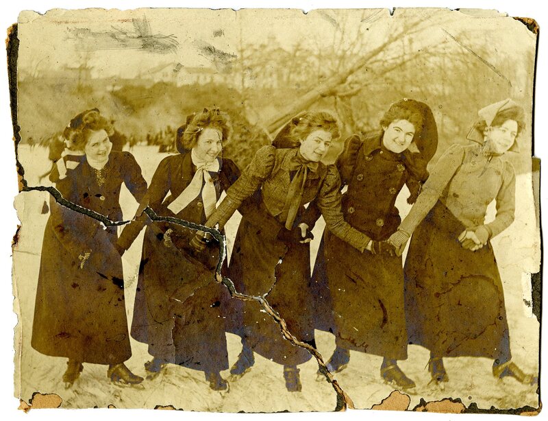 Unidentified view of girls on frozen river or lake, location unknown