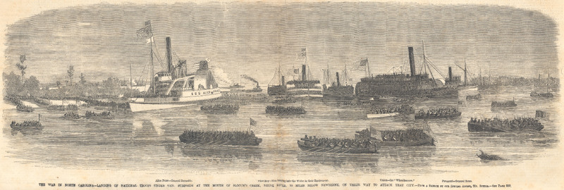 The War in North Carolina--Landing of National Troops Under General Burnside At The Mouth Of Slocum's Creek, Neuse River, 15 Miles Below Newbern, On Their Way To Attack That City