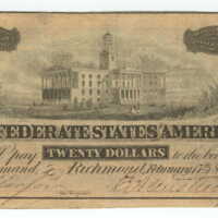 Confederate States of America paper currency, value twenty dollars