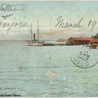 Postcard of waterfront &amp; Revenue Cutter, 1907