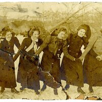 Unidentified view of girls on frozen river or lake, location unknown